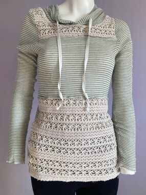 Daytrip Gray and Cream Crochet Hooded Pullover